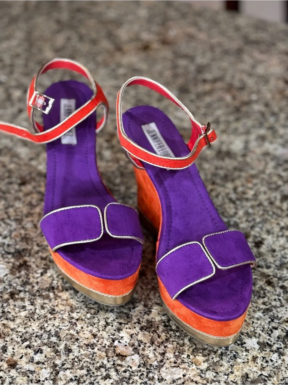 Jennifer Lopez Orange and Purple Suede Wedge Sandals